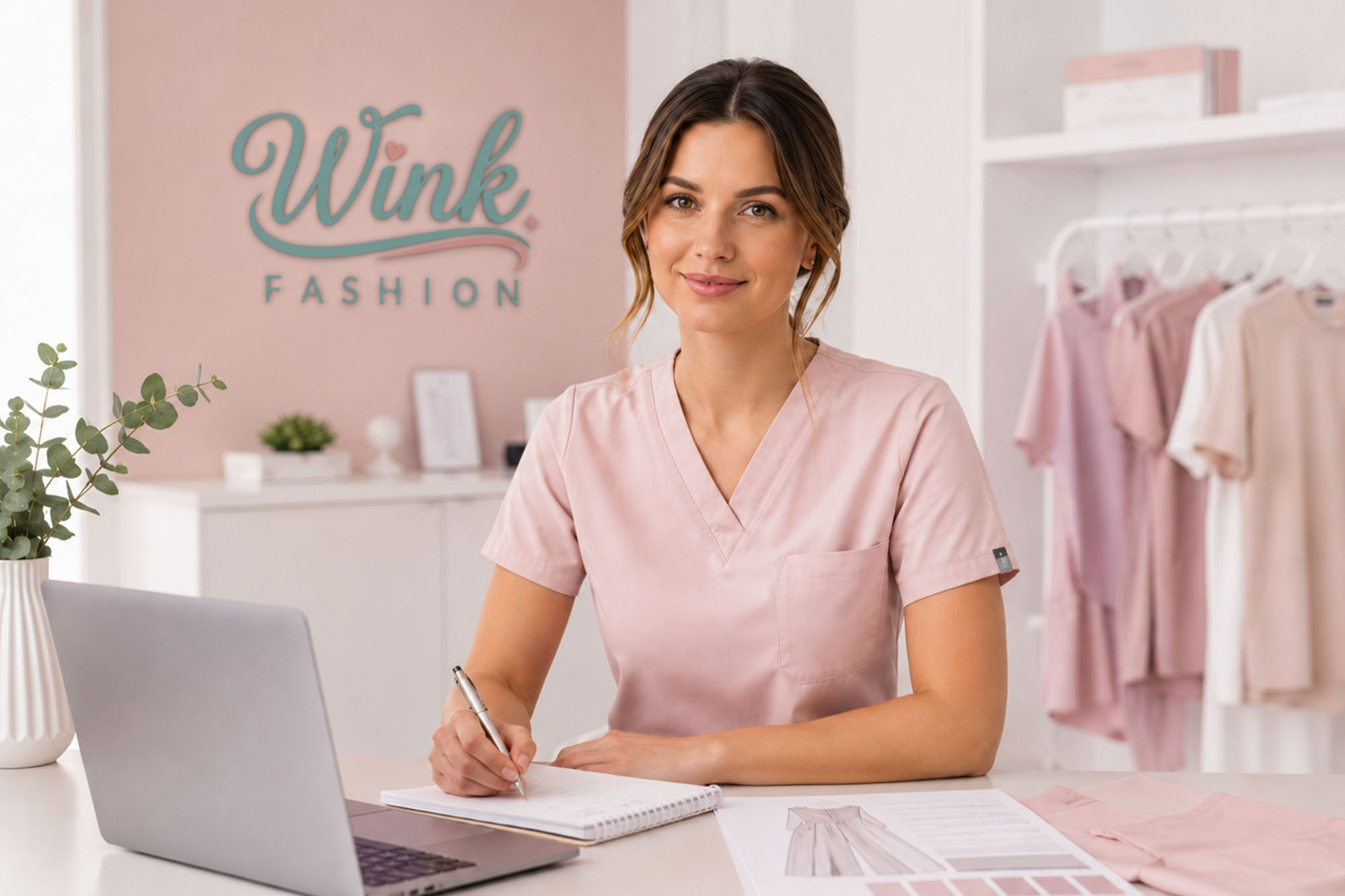 Zaposlena u roze Wink Fashion medicinskoj uniformi za laptopom
